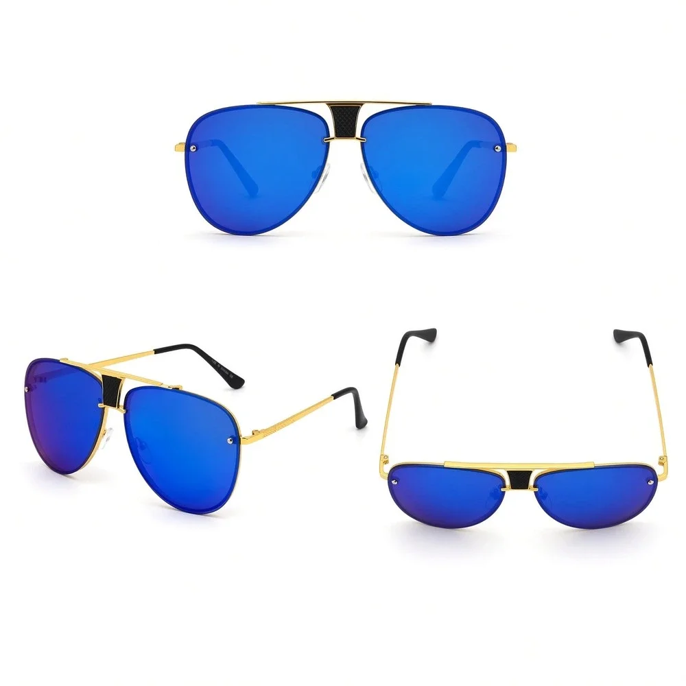 Mens Gold Blue Mirrored Sunglasses Streetwear Luxury Cyberpunk Modern Reflective